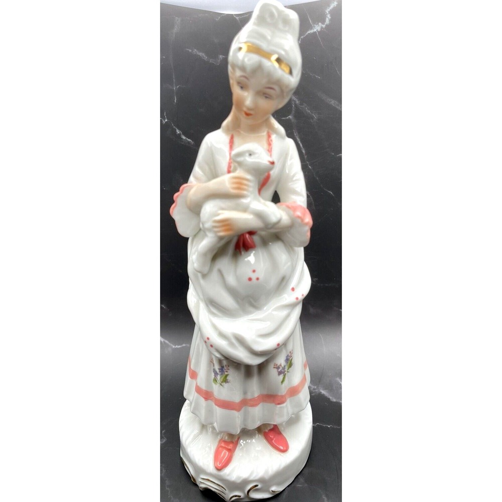 Figurine Porcelain Victorian Lady Holding a Lamb-Vintage Hand Painted 10" Tall